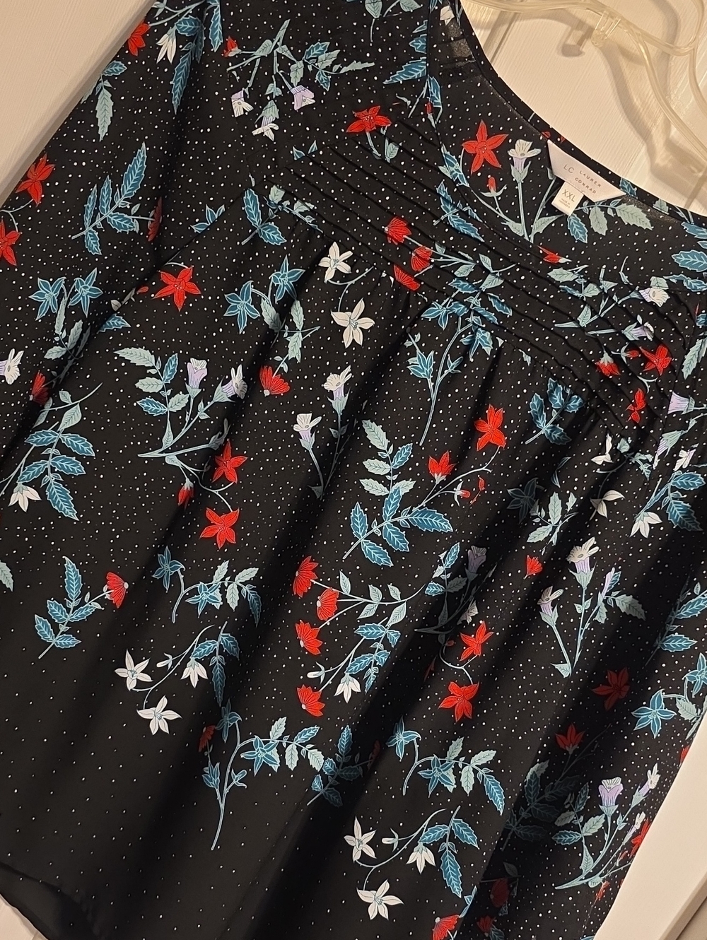 LC Lauren Conrad Black Floral Blouse with Red & Blue Accents T073